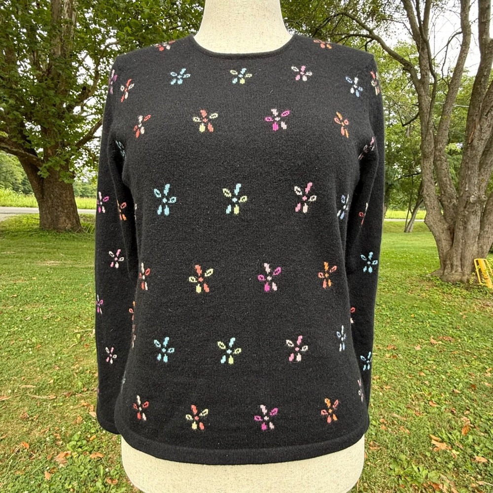 Talbots Petites Black 100% Cashmere Floral Embroidered Sweater Large PL-Flaw